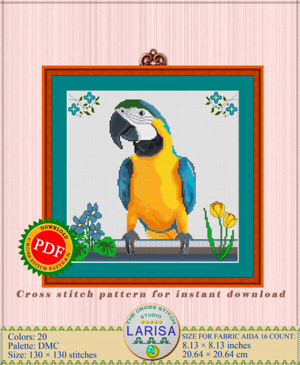 Cross-stitch macaw parrot and flowers embroidery pattern whisks stitchers to a faraway rainforest with its luminous colors