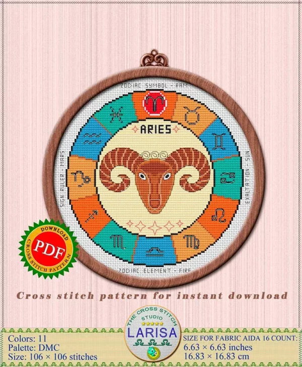 Aries zodiac sign in cross stitch design