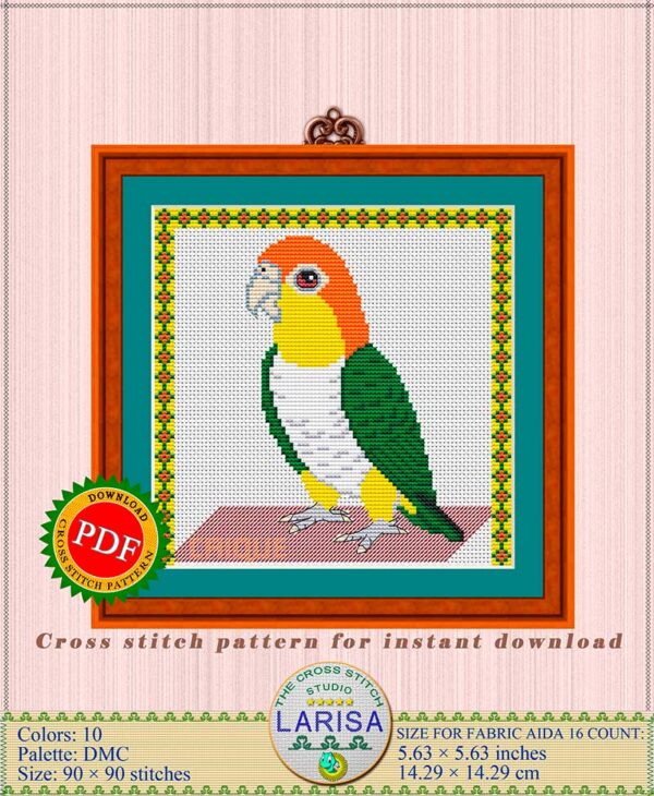 Captivating Caique parrot cross stitch pattern for bird enthusiasts