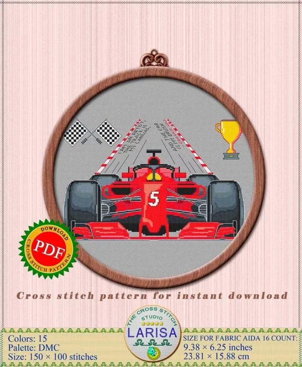 Formula One car in cross stitch