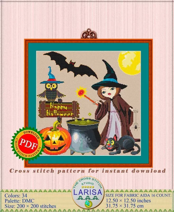 Halloween collage cross-stitch pattern featuring various characters and elements