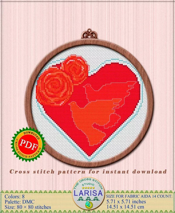 Romantic Cross Stitch: Red Heart and Doves in Flight