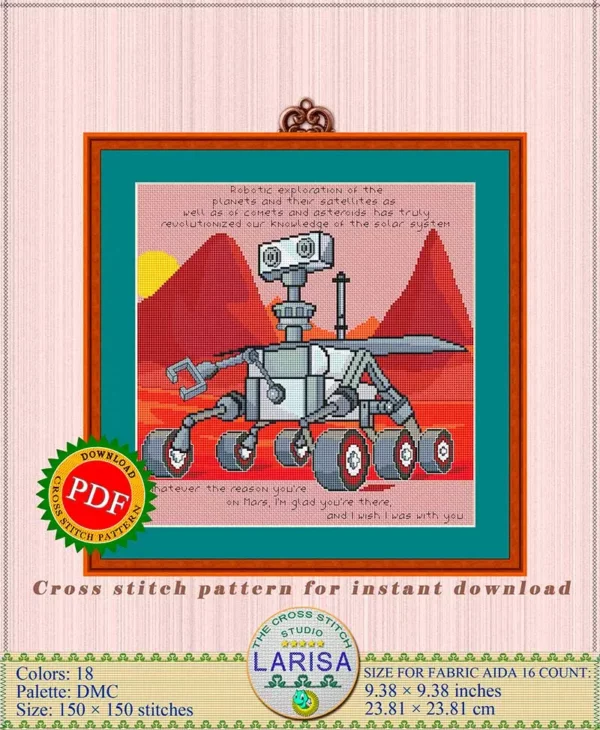 Mars rover cross stitch pattern featuring an exploring rover