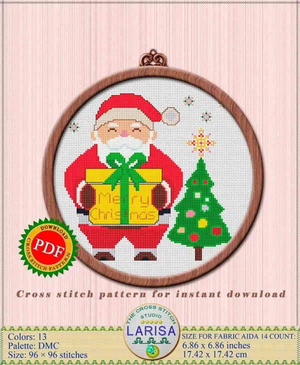 Santa Claus cross stitch pattern with gift box
