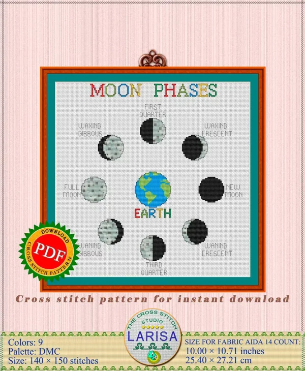 Moon phases embroidery design with Earth on canvas
