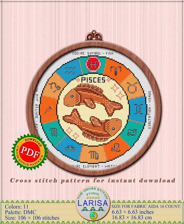 Pisces Cross Stitch Pattern - Symbol of Two Fish in Zodiac Circle