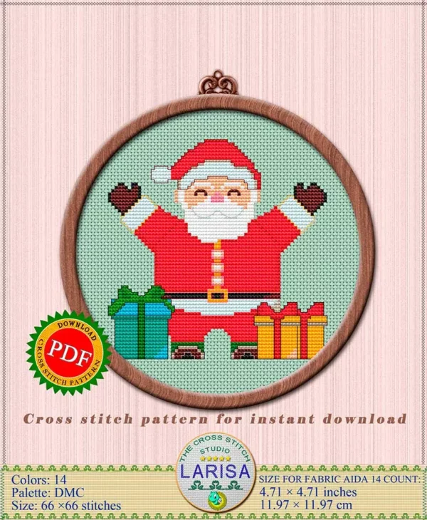 Cross stitch pattern of Santa Claus celebrating the New Year