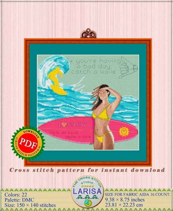 Surfing cross stitch pattern featuring a sporty girl surfer