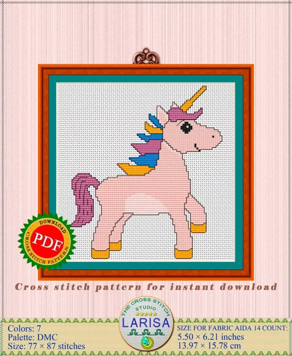 Adorable pink unicorn chart for cross stitching