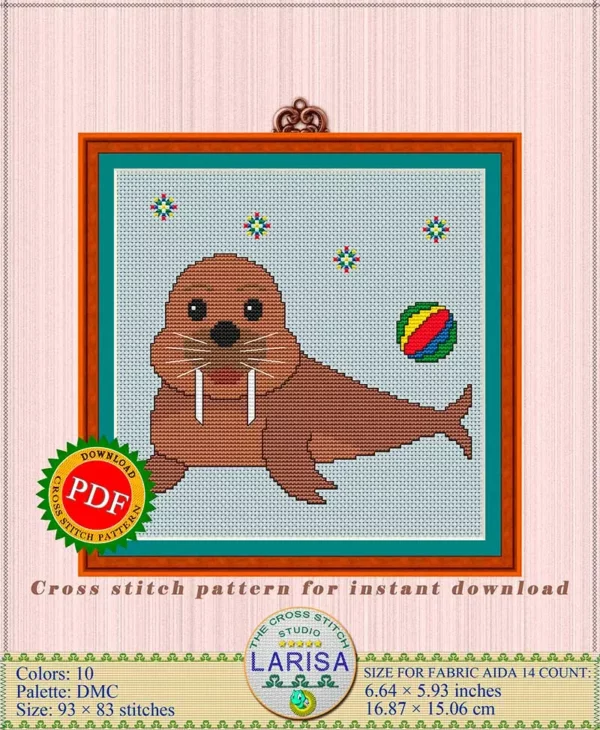Cute walrus cub embroidery design for cross stitch