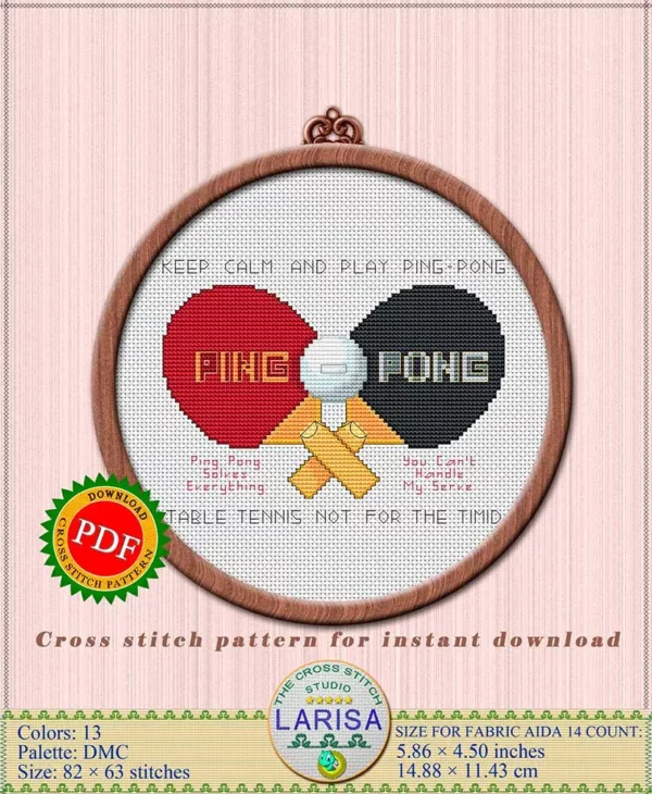 Table tennis cross stitch pattern with ping-pong paddles