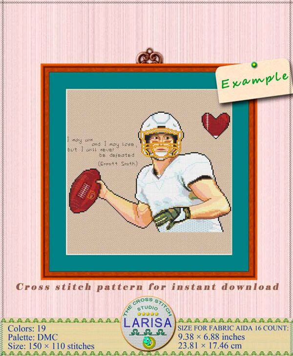 Cross stitch pattern featuring a player ready for the game