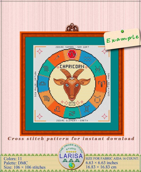 Capricorn zodiac sign in cross stitch design