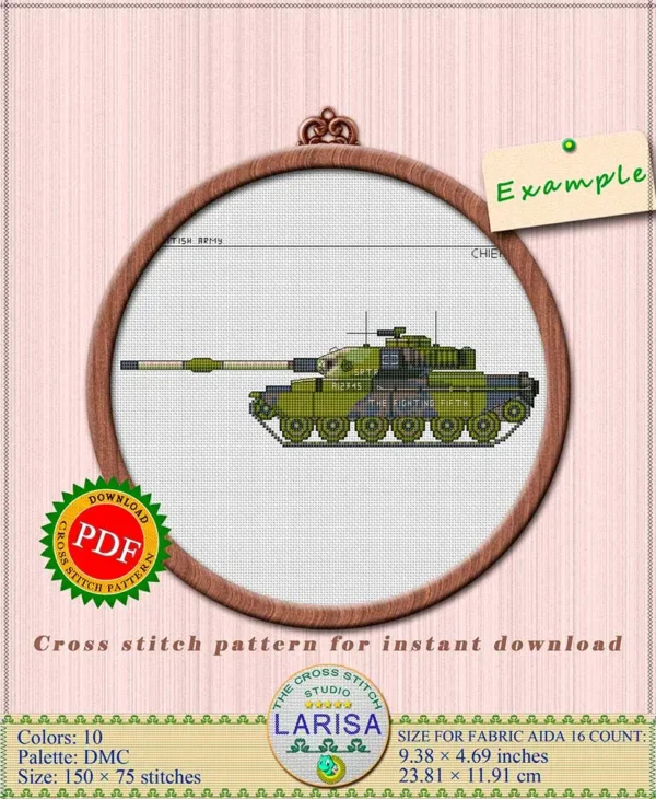 Cross stitch of Chieftain tank A12345