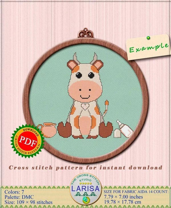 Playful cartoon calf in cross stitch pattern