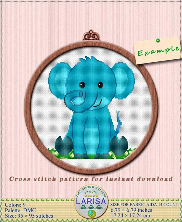 Cross stitch design of an adorable cartoon elephant