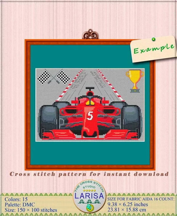 Cross stitch design of an F1 car