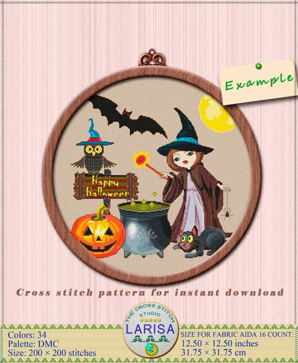 Pumpkin and owl sign in Halloween-themed cross-stitch design