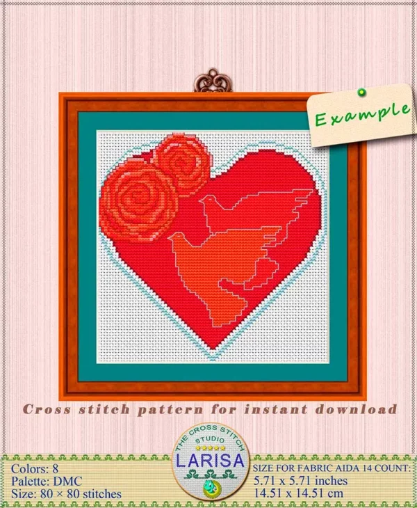 Valentine's Day Cross Stitch: Symbolic Heart and Flying Pigeons
