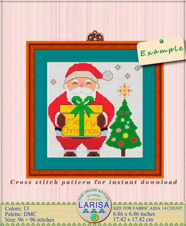 Cross stitch chart of Santa Claus holding a Christmas present