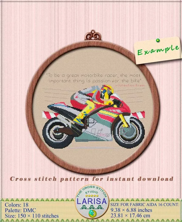 Motorcycle racer in cross stitch