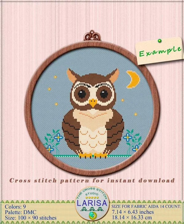 Cross stitch pattern of a charming owl on a branch