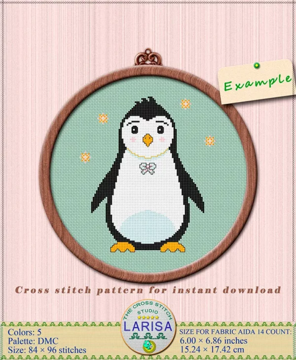 Cross stitch design of an adorable cartoonish penguin