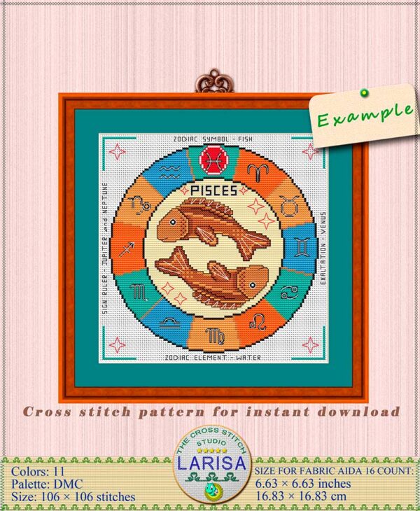 Pisces Zodiac Sign - Cross Stitch Chart with Fish Symbol and Zodiac Symbols