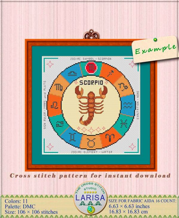 Piercing eyes of scorpion symbol in cross stitch