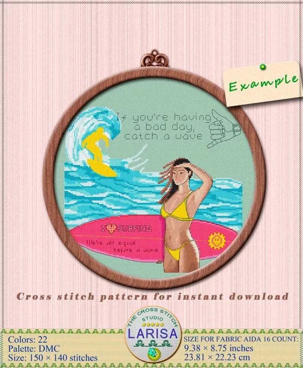 Stitch the vibrant spirit of surfing with this cross stitch design