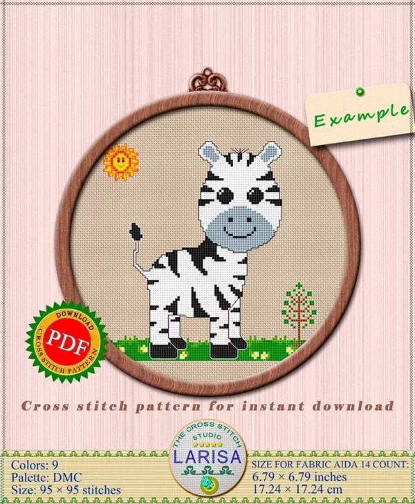Adorable zebra cub embroidery motif on lush green grass