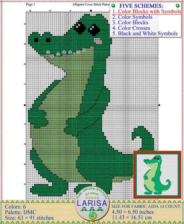 Colorful alligator design for cross stitching