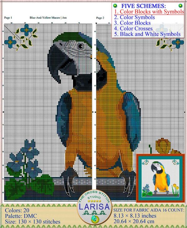 Gorgeous cross-stitch chart to capture the natural beauty and grace of a brilliantly plumaged macaw