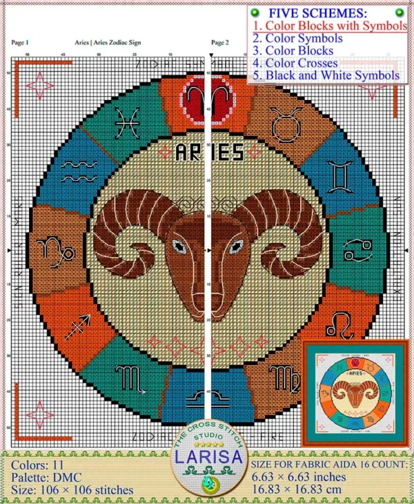 Bold Aries with horns and determined gaze in cross stitch