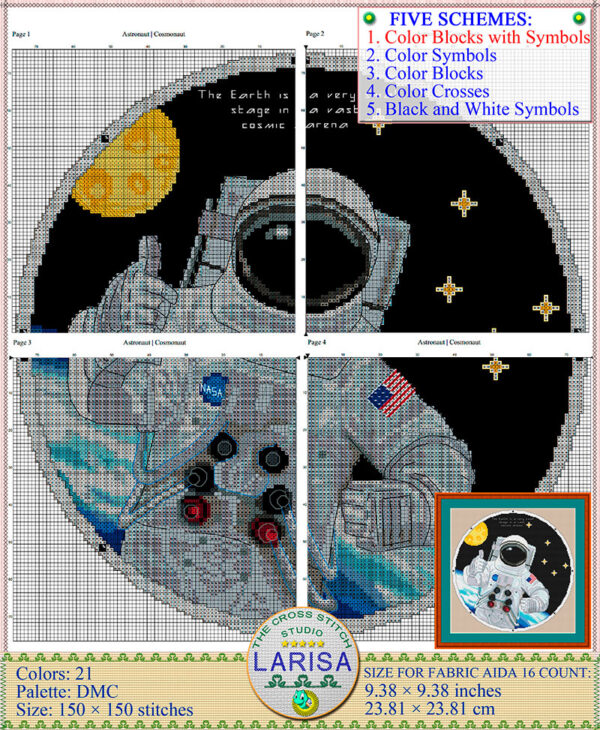 Mesmerizing astronaut cross stitch pattern with celestial touch