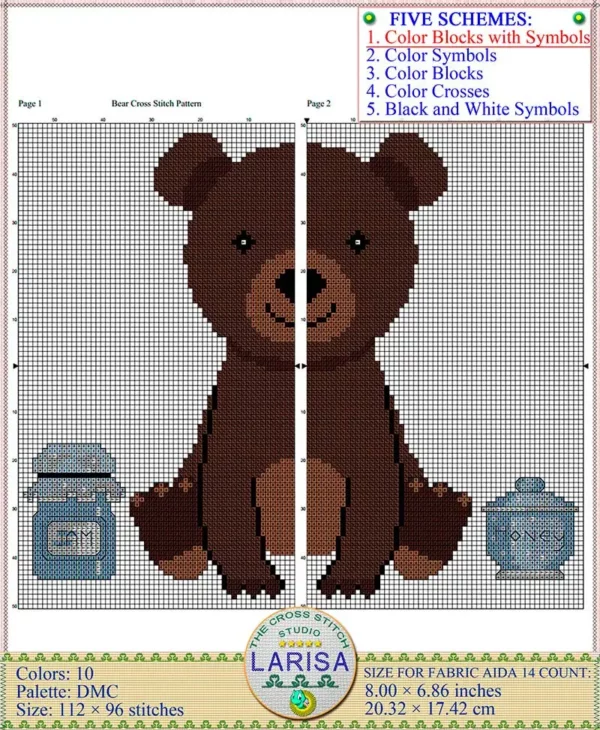 Smiling bear cub with honey and jam jars in cross stitch pattern