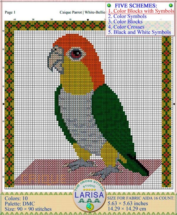 Vibrant Caique parrot cross stitch design to bring joy to your stitching