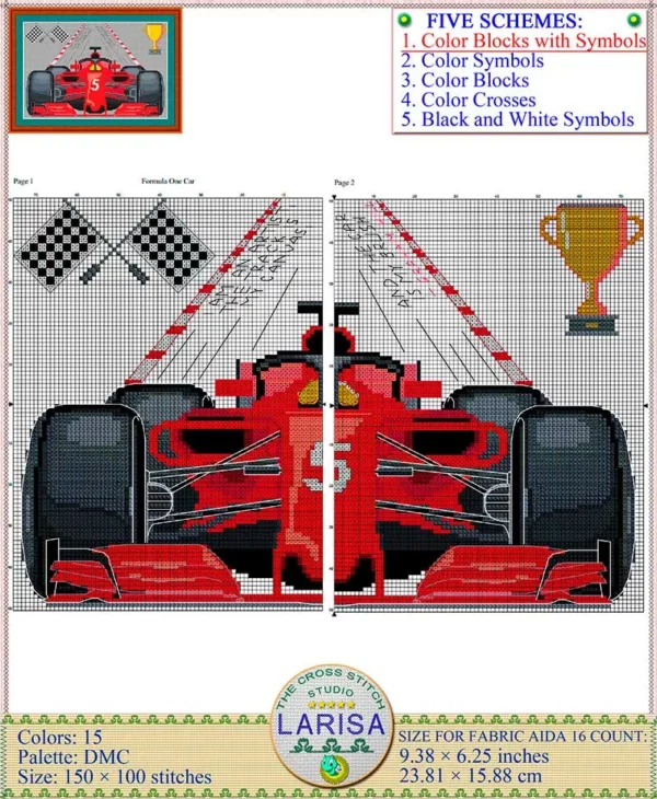 Iconic red F1 car in cross stitch pattern