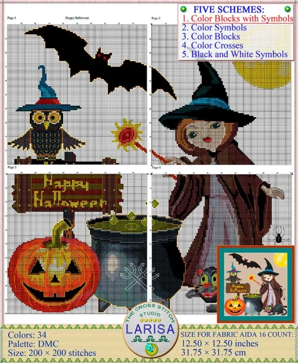 Piece of cross-stitch fabric showcasing Halloween characters and motifs