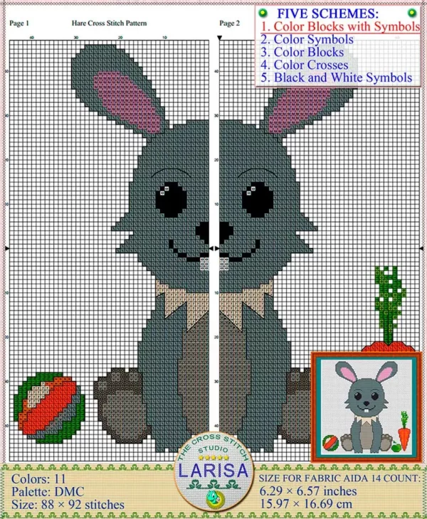 Whimsical cross stitch design featuring a baby hare
