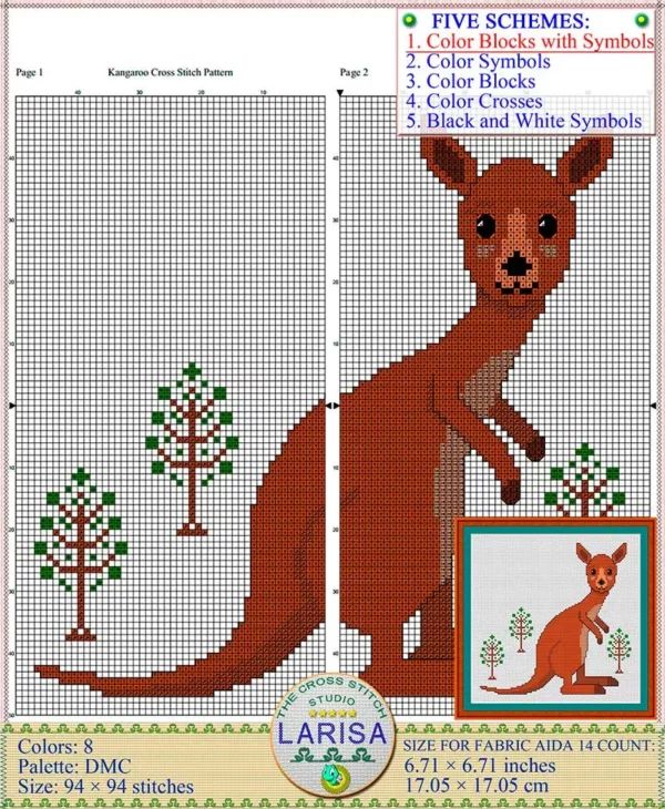 Charming baby kangaroo with innocent gaze in cross stitch
