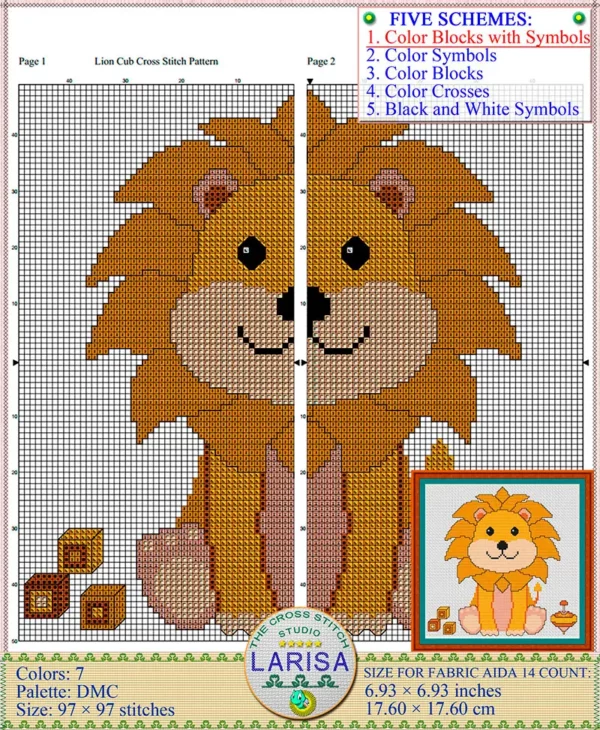 Whimsical lion cub cross stitch motif