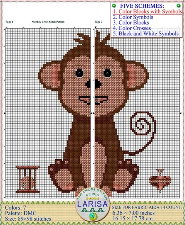 Smiling monkey with curled tail in cross stitch pattern
