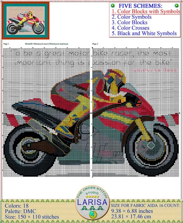 MotoGP-class motorcycle in cross stitch pattern