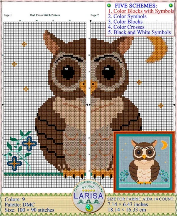 Adorable owl with flowers in cross stitch design