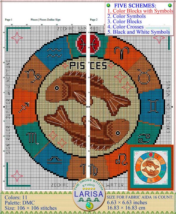 Colorful Pisces Cross Stitch Pattern - Two Fish in Opposite Directions