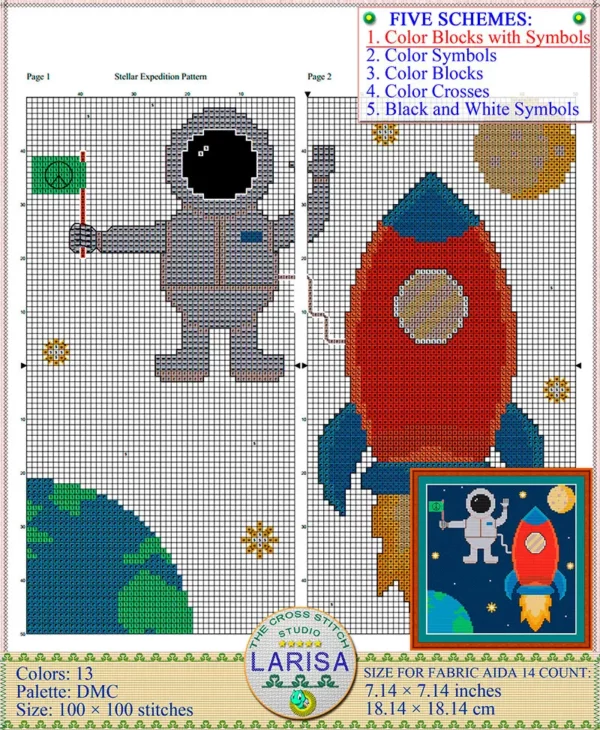 Space-themed cross stitch pattern with rocket and astronaut