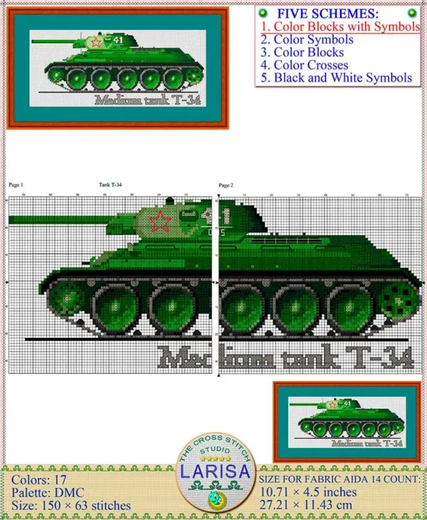 Iconic Tank T-34 in cross stitch design