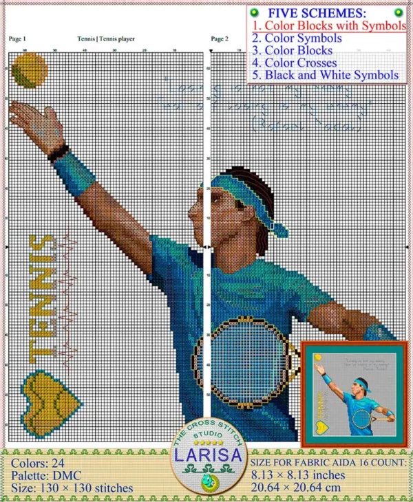 Cross stitch chart of a powerful tennis serve