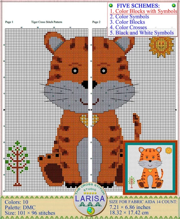 Smiling tiger baby with sun and tree in cross stitch pattern